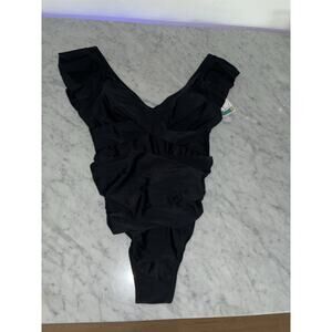 B2Prity Black One Piece Swimsuit L Ruffled Cap Sleeves Straps New